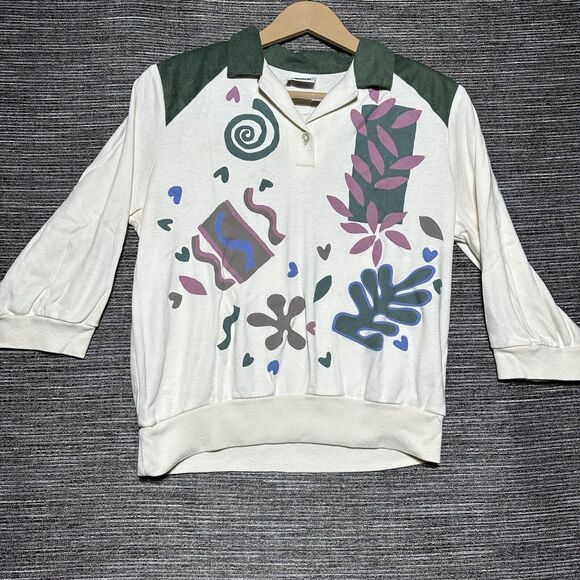 Teddi Sport Polo Shirt Women's Size S White Green Long Sleeve Vintage Floral - Picture 1 of 14